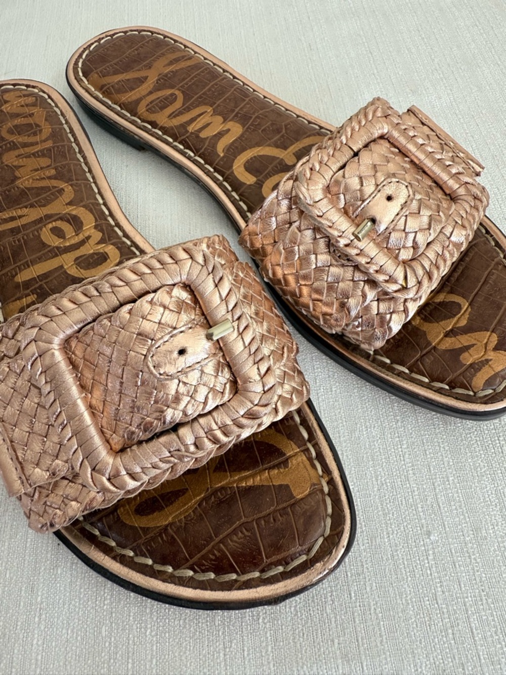 Sam Edelman Gavriela 2 Rose Gold Woven Leather Buckle Slide Sandals - Picture 9 of 11